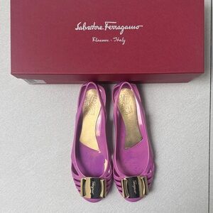 Salvatore Ferragamo Purple Patent Bow Slingback Flats
